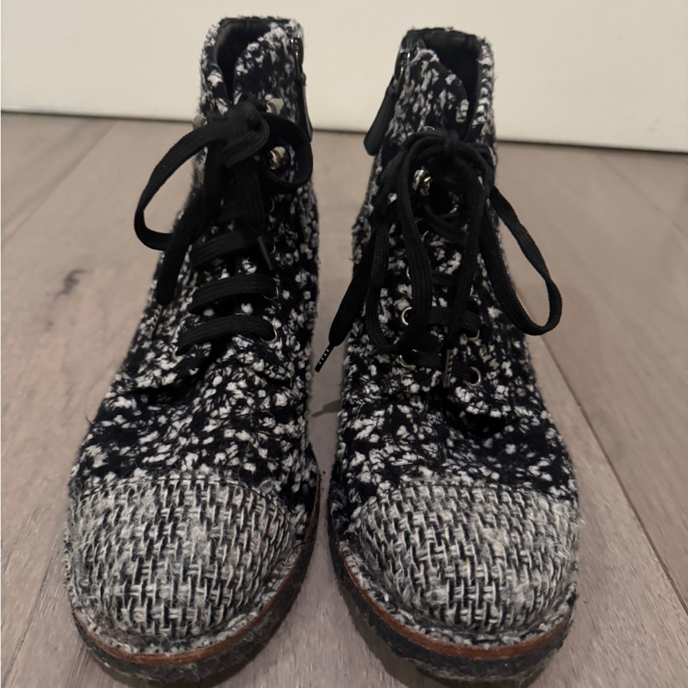 Chanel Tweed Lace Up Combat Ankle Boots 38.5